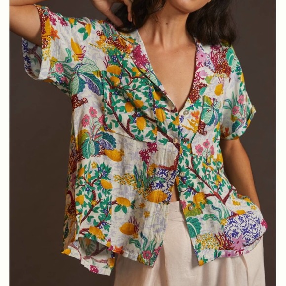 Anthropologie Tops - Anthropologie CLASSIC SURF SHIRT Tropical Lemons Floral Hawaiian Style Size S